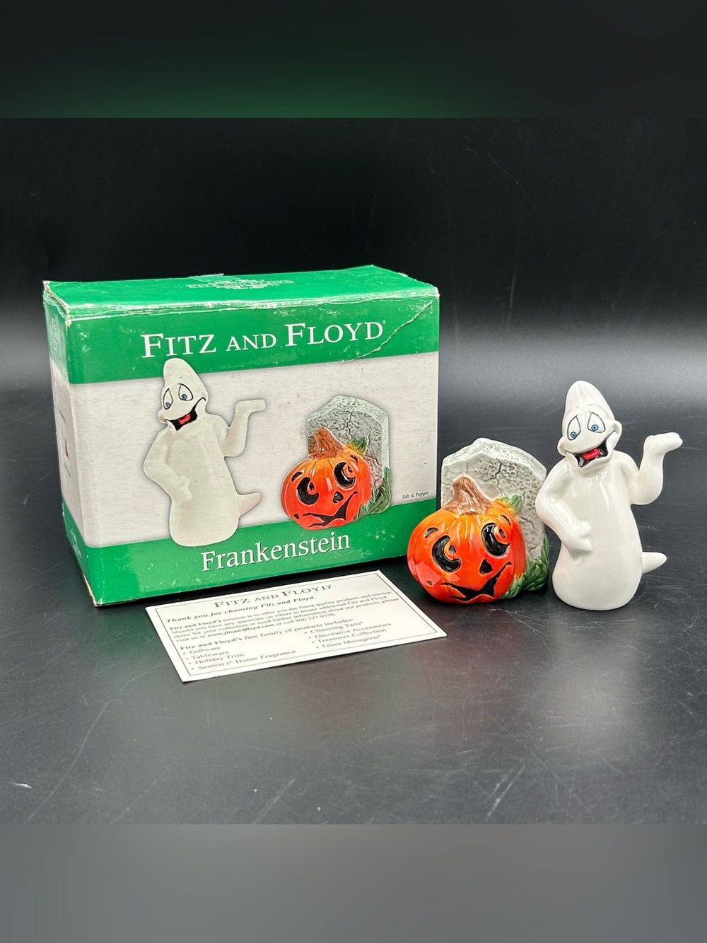 Fitz Floyd Frankenstein Ghost Pumpkin Salt Pepper Shakers 2005 Halloween Box